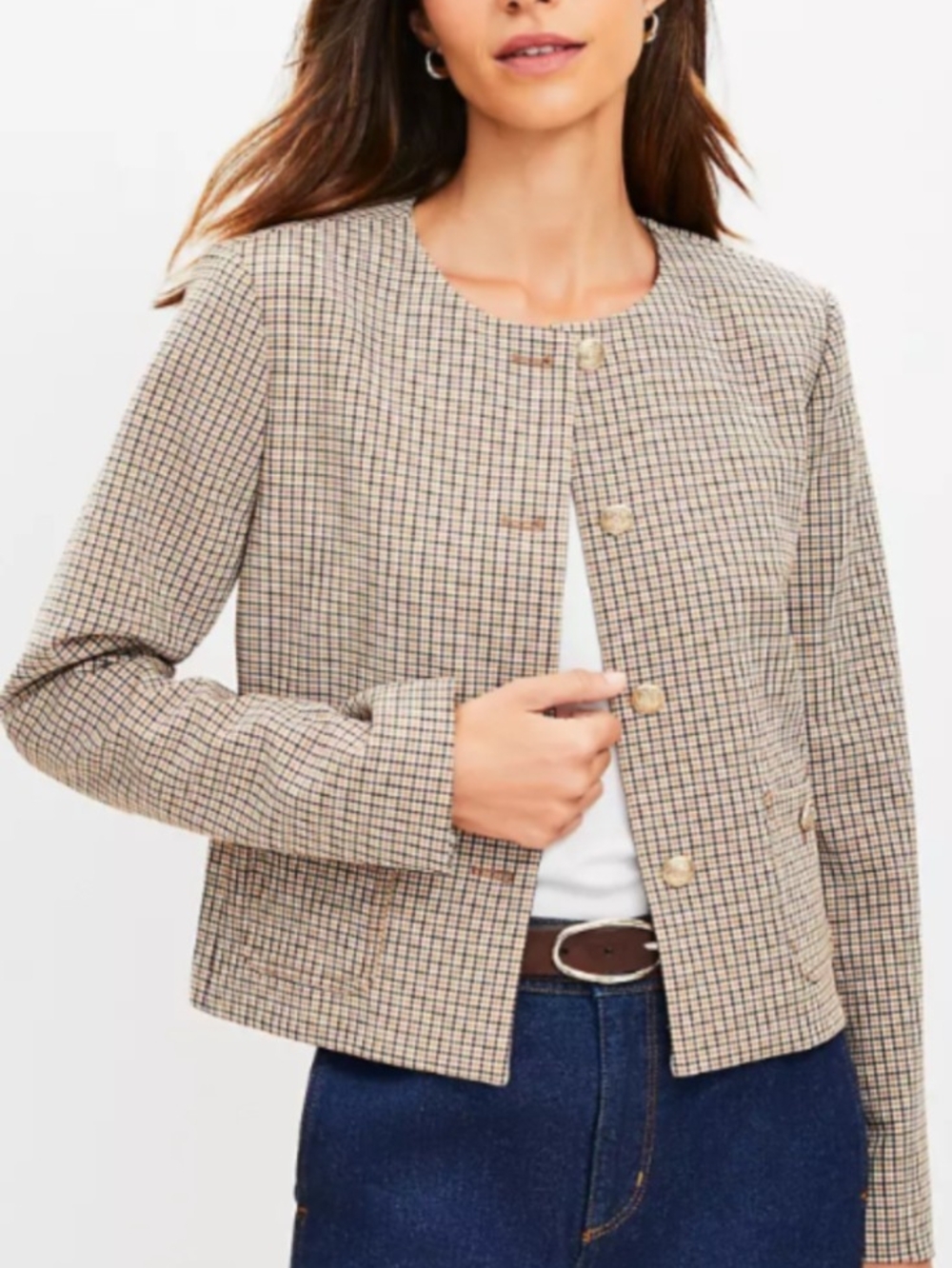 Loft Plaid Collarless Jacket